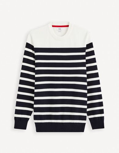 Pull col rond 100% coton - rayé et blanc - celio - Modalova