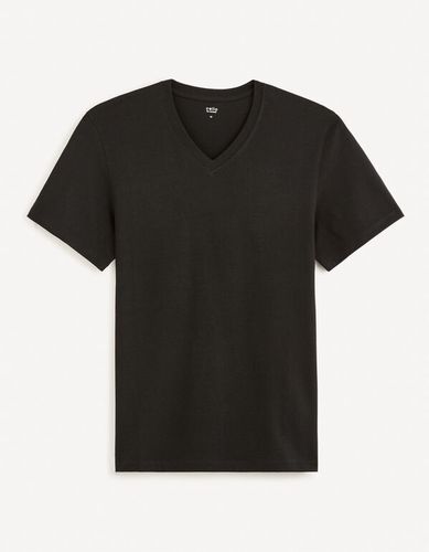 T-shirt col v en coton - noir - celio - Modalova
