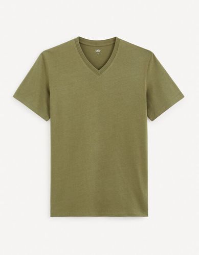 T-shirt col v en coton - kaki - celio - Modalova