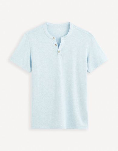T-shirt col henley coton mélangé -bleu - celio - Modalova