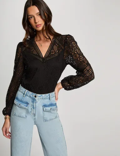 T-shirt col en V dentelle - Morgan - Modalova