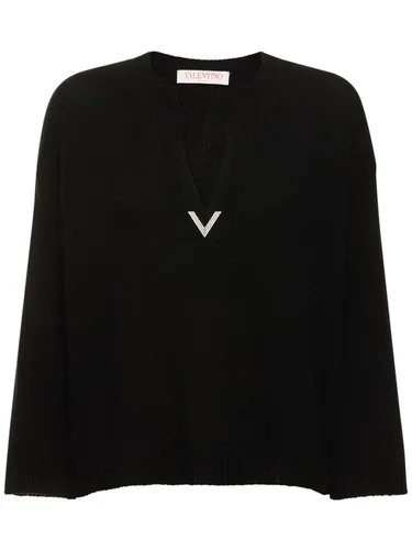 Pull-over En Maille De Laine Col En V - VALENTINO - Modalova