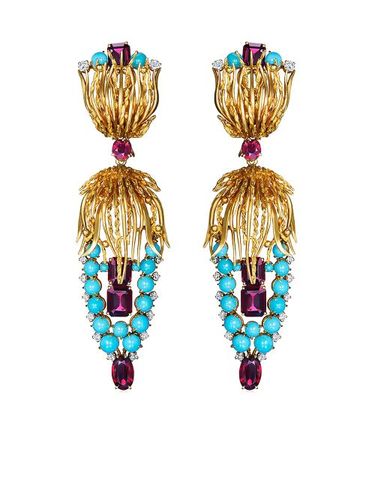 Boucles d'oreilles pendantes en 18ct ornées de diamants et de turquoises - FRED LEIGHTON - Modalova