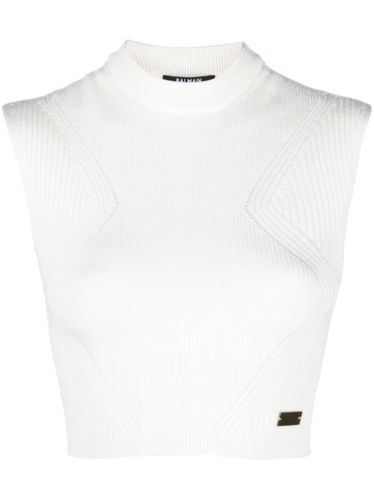 Haut crop en maille à plaque logo - Balmain - Modalova