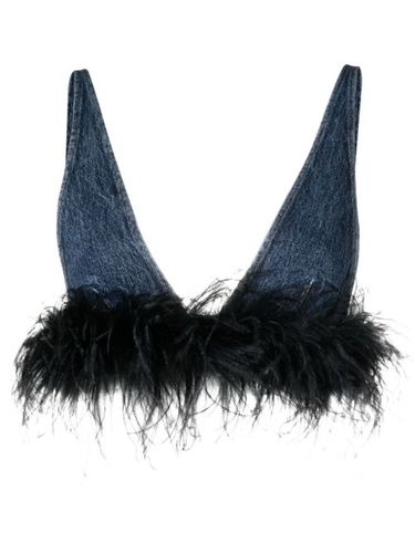 Haut en jean à détails de plumes - Miu Miu - Modalova