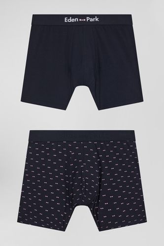 Lot de 2 boxers en coton stretch uni et micro-motifs bleu marine - Eden Park - Modalova