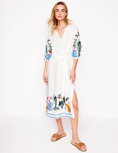 Robe brodée & à pampilles en lin-Ivoire et Bleu Marine à Pois - Boden - Modalova