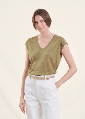 T-shirt kaki en lin manches courtes - La Fée Maraboutée - Modalova