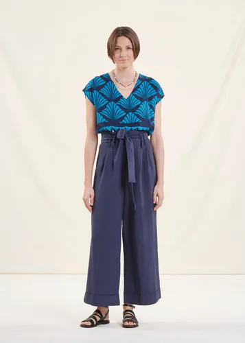 Pantalon ample bleu foncé taille haute en viscose lin - La Fée Maraboutée - Modalova