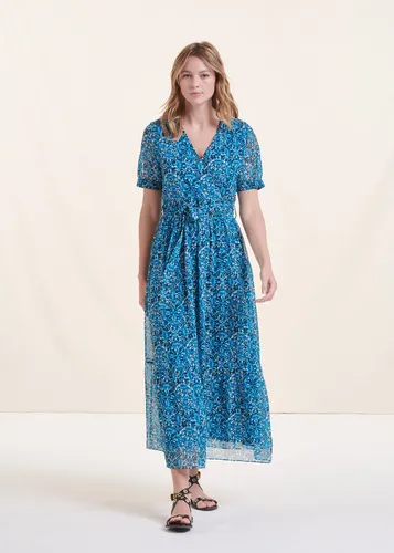 Robe longue bleue cintrée en voile imprimée - La Fée Maraboutée - Modalova