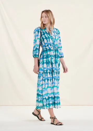 Robe longue bohème bleue en coton tie & dye - La Fée Maraboutée - Modalova