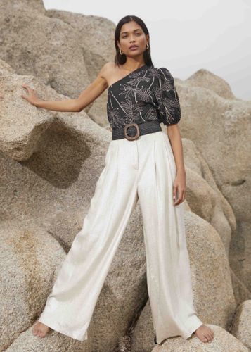Pantalon ample beige irisé en lin foiled taille haute - La Fée Maraboutée - Modalova