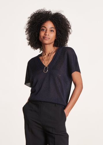 Pull bleu foncé irisé manches courtes et col V - La Fée Maraboutée - Modalova