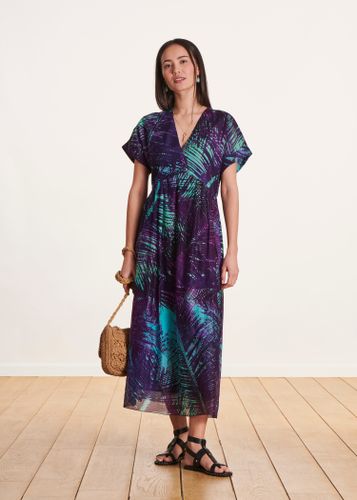 Robe longue évasée violette en voile coton/soie à imprimé - La Fée Maraboutée - Modalova