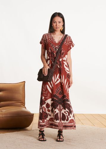 Robe longue orange à imprimé manches courtes - La Fée Maraboutée - Modalova