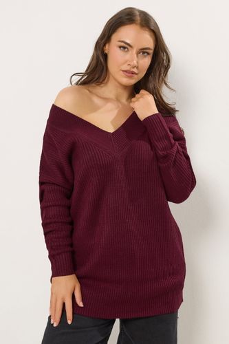 Pull En Maille Col V Rouge Bordeaux Size 46-48 - Yours - Modalova