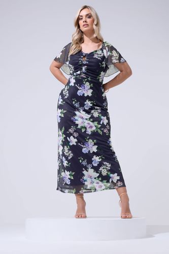 Robe Longue Bleu Marine À Fleurs Avec Détail Goutte D'eau Size 42 - Yours London - Modalova