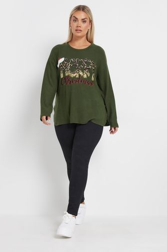 Sweatshirt Vert Kaki Brodé 'Merry Christmas' Sequins Léopard Size 50-52 - Yours - Modalova