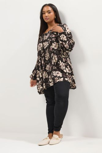 Blouse Noire À Col Noué Et Imprimé Roses Size 44 - Yours - Modalova