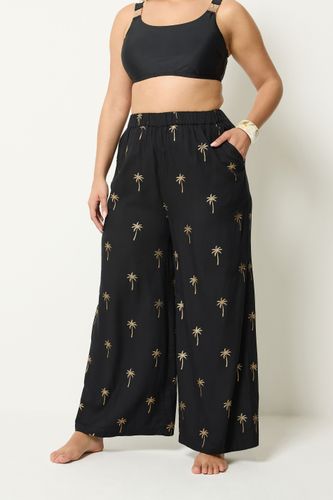 Pantalon De Plage Noir Métallisé À Imprimé Palmier Size 46-48 - Yours - Modalova