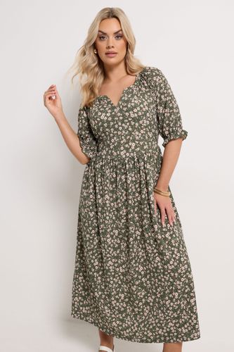 Robe Longue Vert Kaki À Petites Fleurs Et Encolure Crantée Size 42 - Yours - Modalova