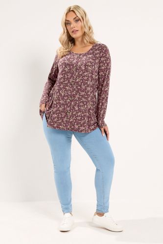 Top Côtelé À Boutons Bordeaux À Fleurs Size 40 - Yours - Modalova