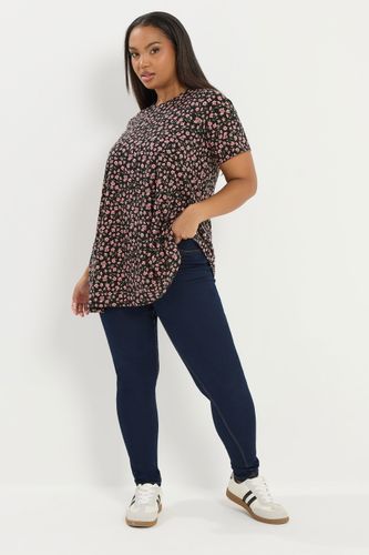 Top Évasé En Maille Côtelée Noir À Imprimé Floral Size 62-64 - Yours - Modalova