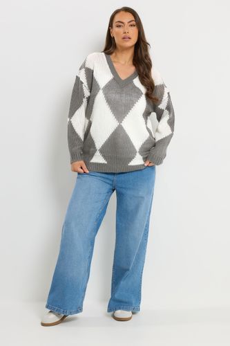 Pull Doux Gris Col En V À Losanges Size 42-44 - Yours - Modalova