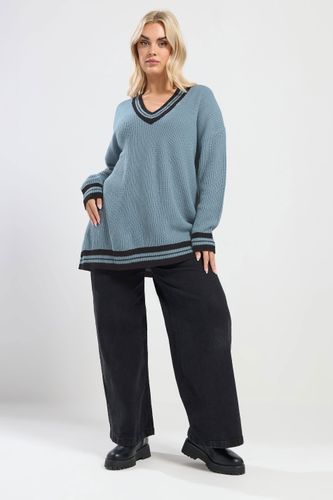 Pull En Maille Bleu À Col V Contrastant Size 42-44 - Yours - Modalova