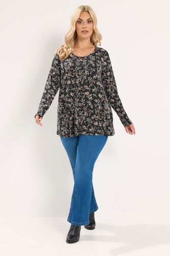 Top Côtelé Noir À Fleurs Avec Boutons Size 40 - Yours - Modalova