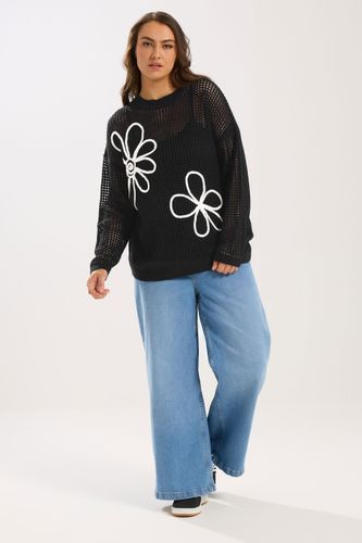 Pull Noir En Maille Crochetée À Motif Floral Size 46-48 - Yours - Modalova