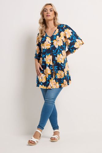 Top Bleu Marine Et Jaune Texturé À Fleurs Plissé Sur Le Devant Size 46 - Yours - Modalova