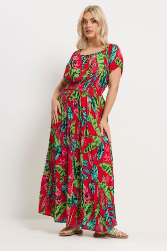 Robe Longue À Encolure Bardot Nouée Rouge À Imprimé Tropical Size 48 - Yours - Modalova