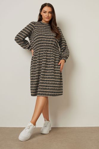 Robe Midi Noire & Crème Rayures Nervurée Manches Longues Size 44 - Yours - Modalova