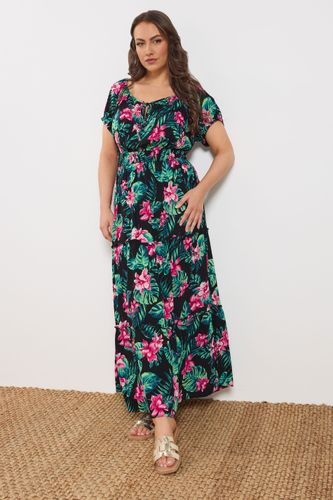 Robe Longue Noire À Imprimé Tropical Avec Col Noué Bardot Size 42 - Yours - Modalova