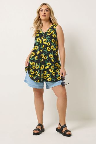Débardeur Noir Plissé Sur Le Devant Avec Motif Tournesol Size 48 - Yours - Modalova