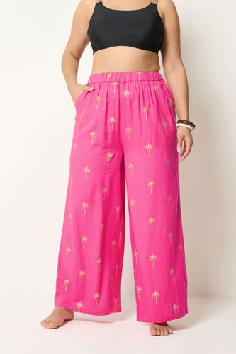 Pantalon De Plage Rose Métallisé À Imprimé Palmier Size 46-48 - Yours - Modalova