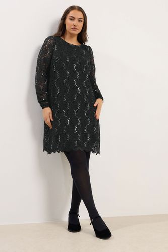 Robe Courte En Dentelle Noire Et Argentée À Ourlet Festonné Size 46 - Yours - Modalova