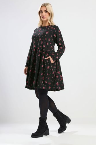 Robe Courte Froncée Noire Imprimé Roses Size 42 - Yours - Modalova