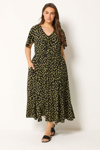 Robe Longue Effet Froissé Noire Et Jaune À Fleurs Size 42 - Yours - Modalova