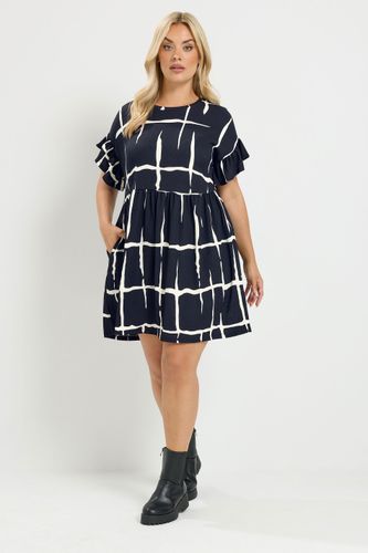 Robe Courte À Manches Volantées Noire À Imprimé Abstrait Size 54-56 - Yours - Modalova