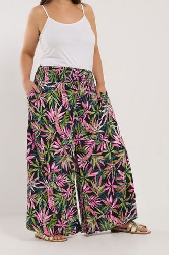 Pantalon Plissé Wide Leg Noir & Rose Tropical Size 50 - Yours - Modalova