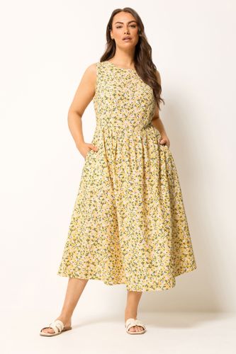 Robe Longue Jaune Citron À Petites Fleurs En Lin Size 46 - Yours - Modalova