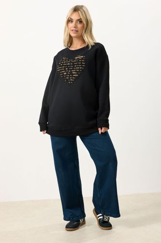 Sweatshirt À Manches Longues Noir À Motif Cœurs Léopard Size 48 - Yours - Modalova