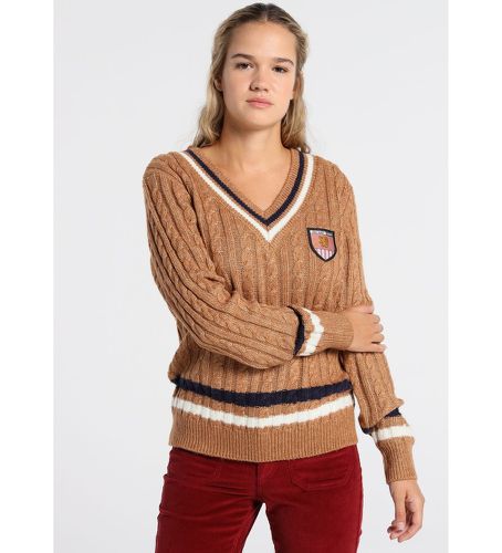 Pull Cable col V College 62 marron (S), Casuel, Coton, Manche longue - Lois Jeans - Modalova