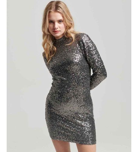 W8011486A Mini-robe à paillettes avec encolure en perkins argentés (XS), Fête, Polyester, Manche longue - Superdry - Modalova