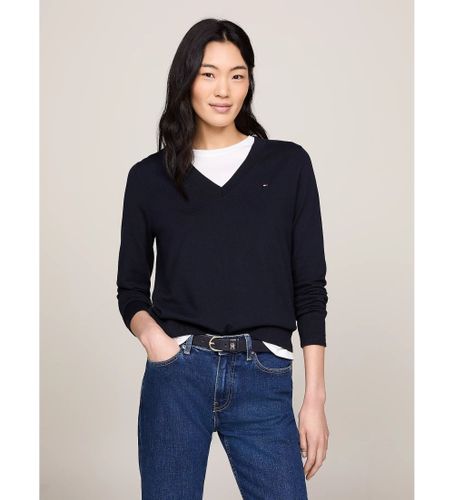 Til kvinder. WW0WW42049 Heritage V-hals navy trøje (3XL), Casual, Lange ærmer, Økologisk bomuld, Bæredygtig - Tommy Hilfiger - Modalova