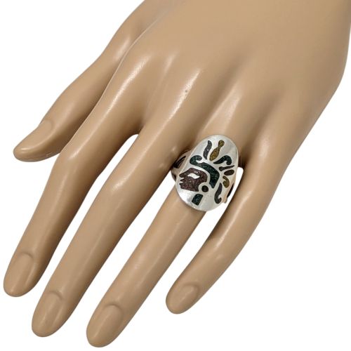 Bague en argent signe dcor incrust turquoise et corail Artisanat amrindien Navajo ou Mexique Vintage - signature non dchiffre - Modalova