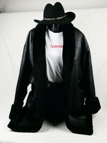 Manteau en cuir et fourrure avec broderie - T.XXL - Label Emmaüs - Modalova