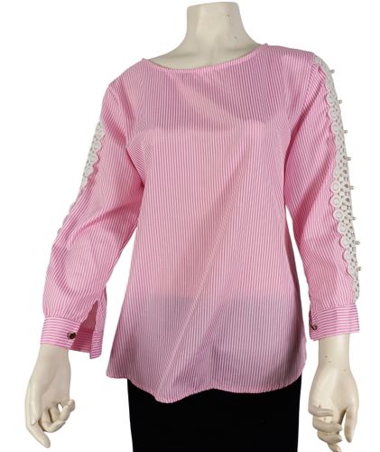 Chemisier rayure blanche manche longue avec dentelle et perles - Label Emmaus - Modalova
